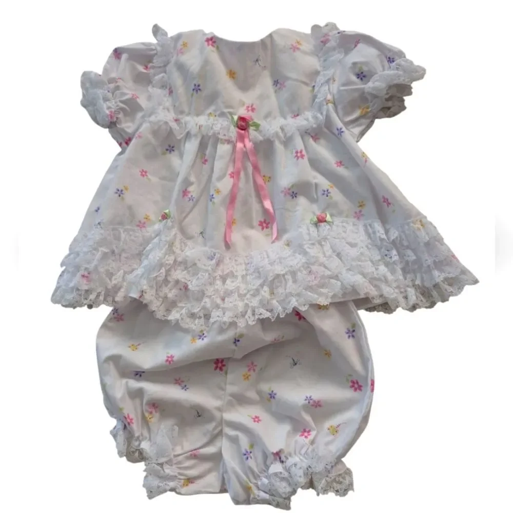 Sesame Street Y2K Infant Girls White Floral‎ Butterfly Dress Bloomers Lace